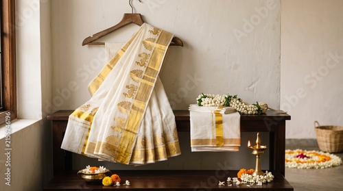 Traditional Kerala Kasavu saree with golden brocade peacock border hanging on wooden hanger with folded mundu, jasmine garland, and lit nilavilakku lamp on table.