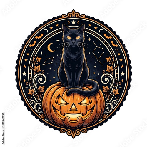Vintage Halloween black cat on carved pumpkin, mystical celestial feline emblem, spooky jack-o-lantern with moon and stars