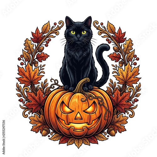 Halloween black cat on pumpkin, spooky jack-o-lantern with autumn leaf wreath, festive fall harvest illustration on white background