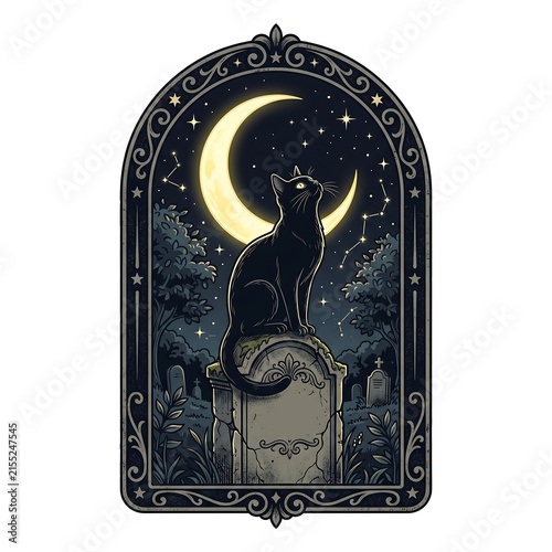 Gothic black cat on tombstone, mystical feline in moonlit cemetery, dark aesthetic graveyard scene with crescent moon and stars