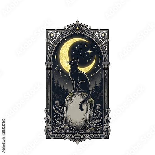 Gothic black cat on tombstone, mystical crescent moon and starry night sky, ornate vintage frame illustration for Halloween and occult themes