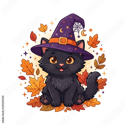 Cute black cat wearing witch hat, adorable kitten with autumn leaves, halloween feline character with purple wizard hat and fall foliage