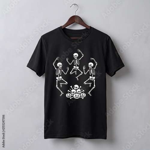 Black cotton t-shirt with dancing skeletons, Halloween apparel mockup on wooden hanger, spooky graphic tee with skull pile