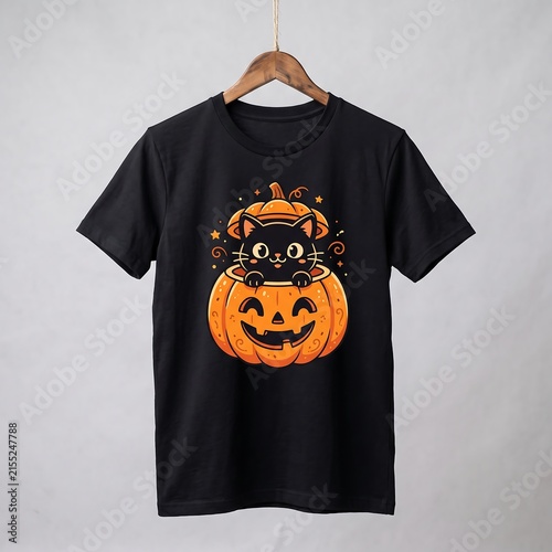 Halloween black t-shirt mockup with cute cat in pumpkin, festive apparel design, spooky kitten graphic tee on wood hanger