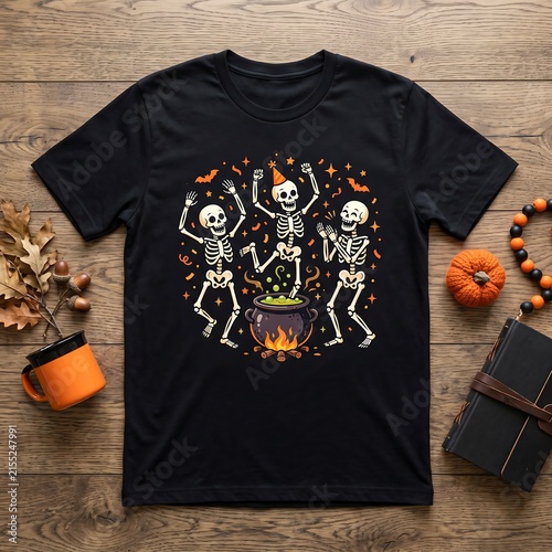 Halloween skeleton t-shirt mockup, dancing skeletons graphic tee on wood, spooky apparel with cauldron illustration