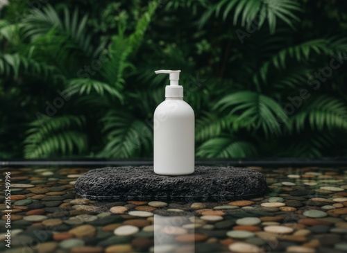 White pump bottle on a lava stone podium in a natural pond setting