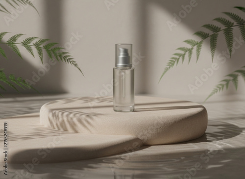 Luxury cosmetic serum bottle on a podium with fern leaf shadows