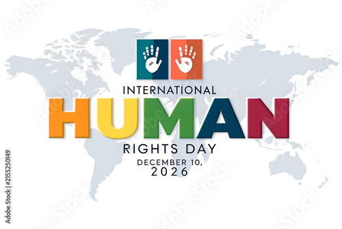 International human rights day banner with colorful text and world map, equality