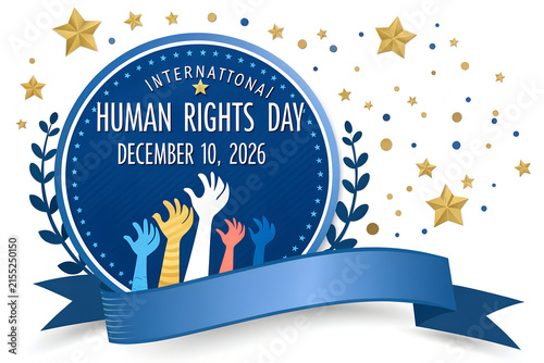 International human rights day blue round emblem with raised hands and stars