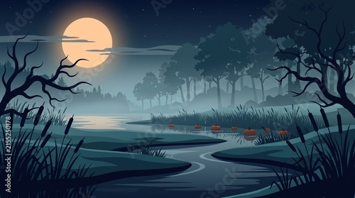 Full moon rising over a dark spooky swamp landscape with bare trees and a winding river at night