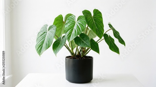 A vibrant split-leaf philodendron plant in a dark gray pot against a clean white background indoor greenery for modern home decor