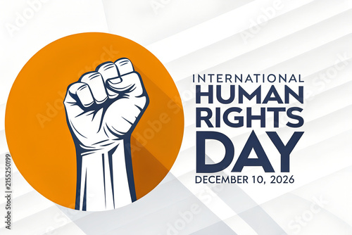International human rights day banner featuring raised fist on orange circle
