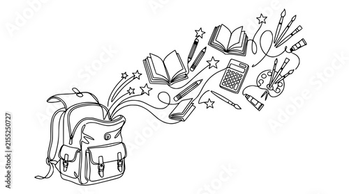 Open Backpack With School Supplies Floating Out - Drawing, Isolated