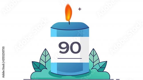 90th Anniversary Celebration with Candle and Twig. Anniversary Date Animation, Alpha Channel. Cartoon