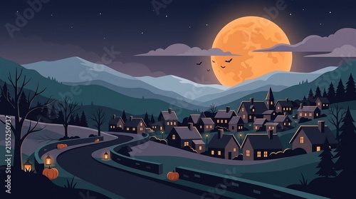 Pixel art landscape of a small village at night with a large orange full moon over the mountains