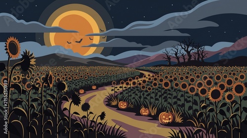 Spooky halloween pumpkins in a dark sunflower field at night under a big bright full moon
