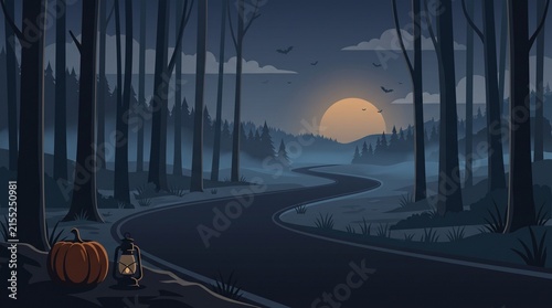 A spooky pumpkin and vintage lantern on a dark forest road at sunset in a mysterious foggy woods
