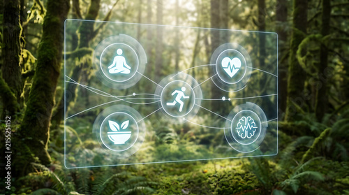 Futuristic Holographic Health and Wellness Dashboard Floating in a Dense Forest Background