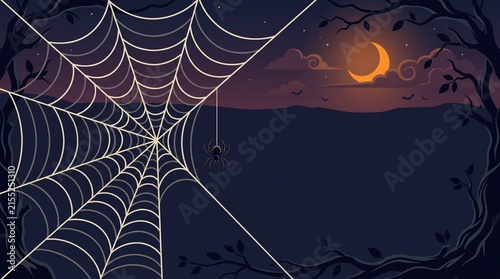 A creepy spider web hanging in the dark night sky with a glowing crescent moon in the background