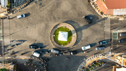 Top down aerial view of Tugu Yogyakarta roundabout and traffic