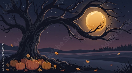 Spooky halloween scene with orange pumpkins under a full moon and silhouette tree in dark night