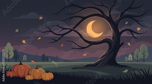 Halloween night scene with pumpkins under a crescent moon and a dark spooky tree in the forest