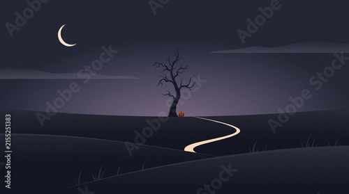 A single pumpkin sitting under a dead tree on a dark winding path at night with a crescent moon