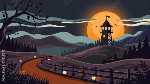 Old watchtower on a dark hill at night with a large glowing full moon in the cloudy sky background