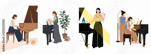 Flat vector illustrations of women playing and practicing the piano in various indoor settings, featuring grand pianos, plants, and warm lighting.