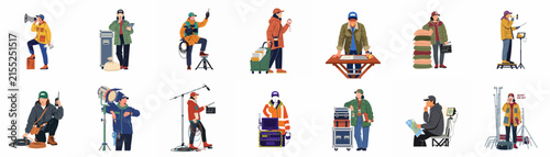 Collection of various film crew characters and professional production equipment set isolated on a white background