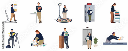 Set of flat vector illustrations featuring diverse professionals engaged in various office and production tasks like organizing papers, filming, and commuting.
