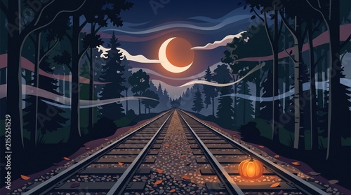 Pixel art halloween scenery with pumpkin on train tracks under a crescent moon in night sky