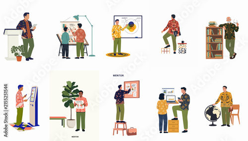 Flat vector illustration set of people in batik shirts engaged in various professional, educational, and daily life activities in a workspace setting.