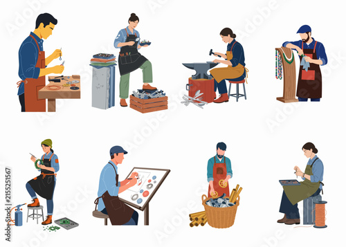 Set of diverse artisan illustrations featuring craftsmen and craftswomen engaged in traditional manual labor and creative professional work.