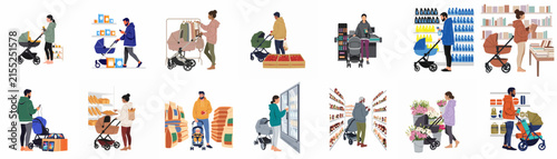 Diverse collection of vector illustrations depicting parents with baby strollers shopping in various retail settings like supermarkets, pharmacies, and grocery stores.