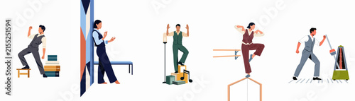 A collection of stylized flat illustrations depicting people in various active and static poses, representing work, movement, and balance.