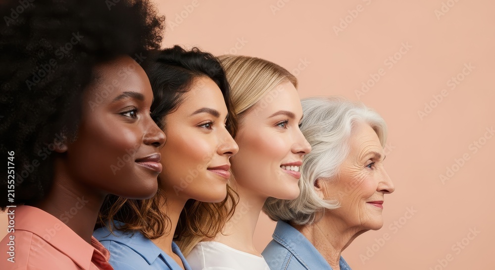 Fototapeta premium Diverse Group of Women of Different Ages and Ethnicities Standing in Profile Against a Neutral Background