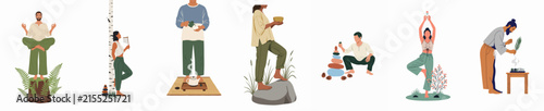 Flat illustration set of people practicing mindfulness, yoga, and connecting with nature through outdoor activities, meditation, and slow living rituals.