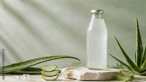 Premium aloe vera wellness drink bottle with fresh aloe leaves on natural stone pedestal, clean hydration branding for health, wellness and FMCG marketing campaigns