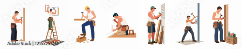 Various illustrations of male construction workers and carpenters performing manual labor tasks like hammering, sawing, and building, set against a white background.