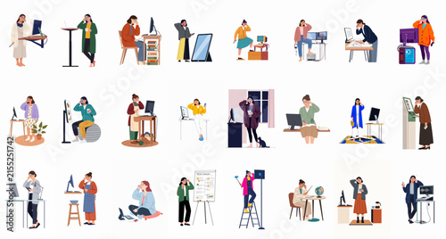 A collection of illustrated characters experiencing stress, headaches, and frustration in various work and daily life situations on a white background.