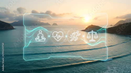 Futuristic Wellness HUD Displaying Life Balance and Health Icons Floating Over Sunset Ocean Coastline