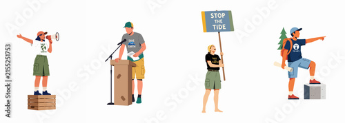 Set of diverse environmental activists and protesters speaking at podiums, holding signs, and using megaphones to advocate for nature conservation and climate action.