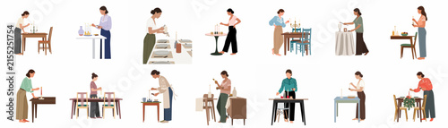 Set of fourteen minimalist flat illustrations of women preparing meals, setting tables, and decorating dining spaces for various occasions on a white background.