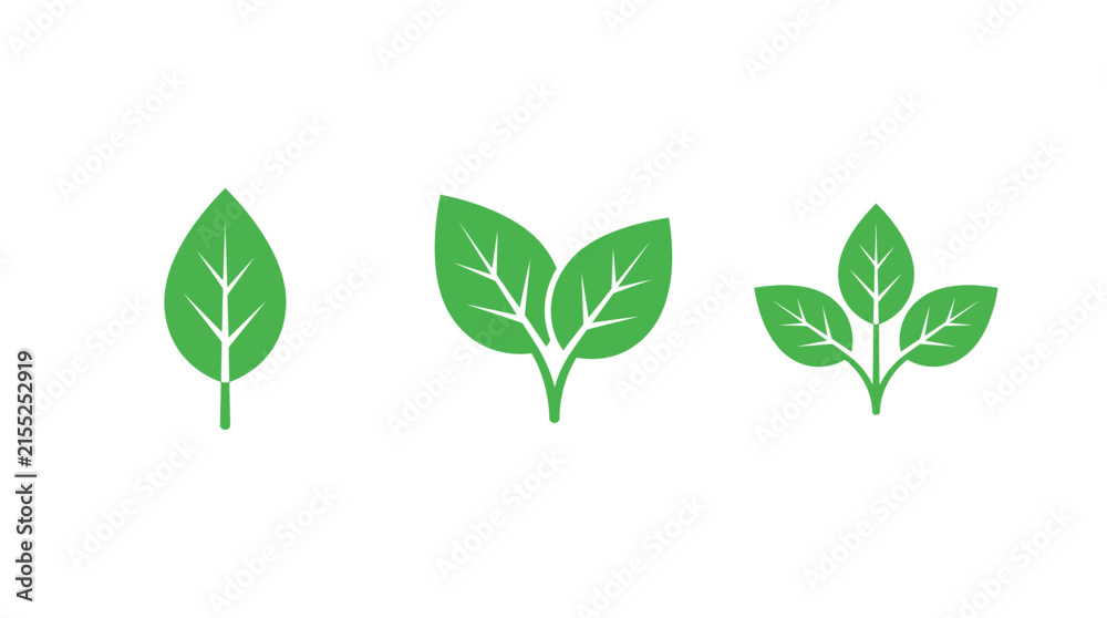 Fototapeta premium Three green leaf icons in a minimalist eco design symbolizing growth, nature and sustainability