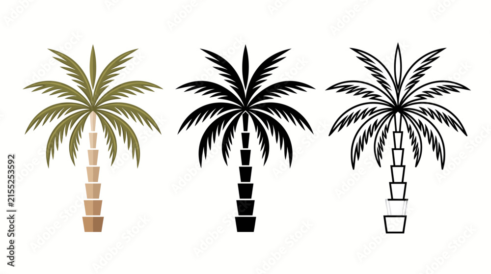 Fototapeta premium Three palm tree illustrations in different styles: full-color, black silhouette, and line outline for tropical, beach, and travel-themed design projects