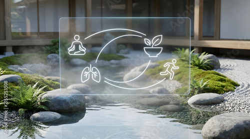 Holographic Digital Health Interface Displaying Yoga, Nutrition, and Fitness Icons Over Tranquil Zen Rock Garden