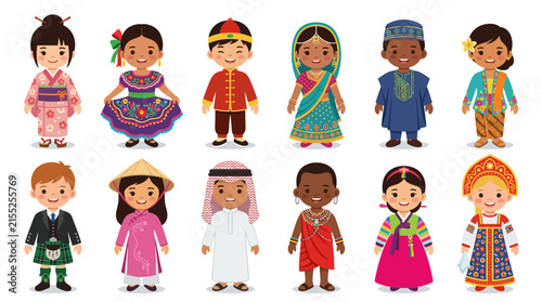 International kids in traditional culture outfits collection.