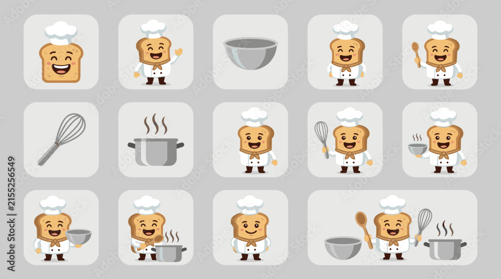 Fototapeta premium Cute toast character chef icons in flat design style, cooking and baking elements, isolated on white background