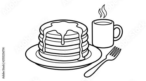 Stack of pancakes with syrup, coffee mug, and fork on a plate, simple line art illustration